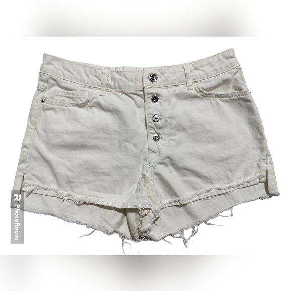 Zara ivory denim shorts women's high waist distressed button jeans short size 6 - Picture 1 of 9